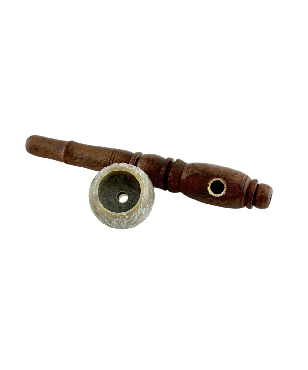 5" Wooden Pipe With Marble Bowl - Image 2