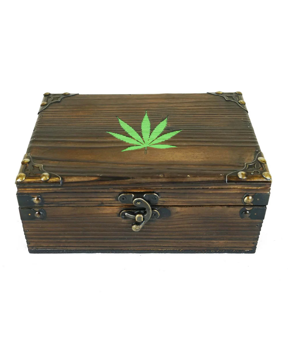 Wood Grain Stash Box With Green Leaf